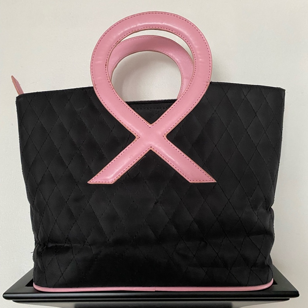 Pink Ribbon Quilted Tote Bag - Black and Pink 13 inches wide by 9 inches high